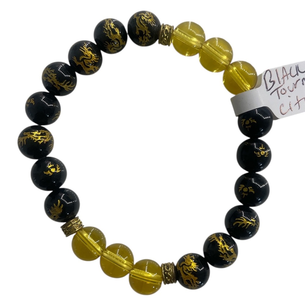 Black Tourmaline Gold Dragon Gemstone bracelet,Stretch